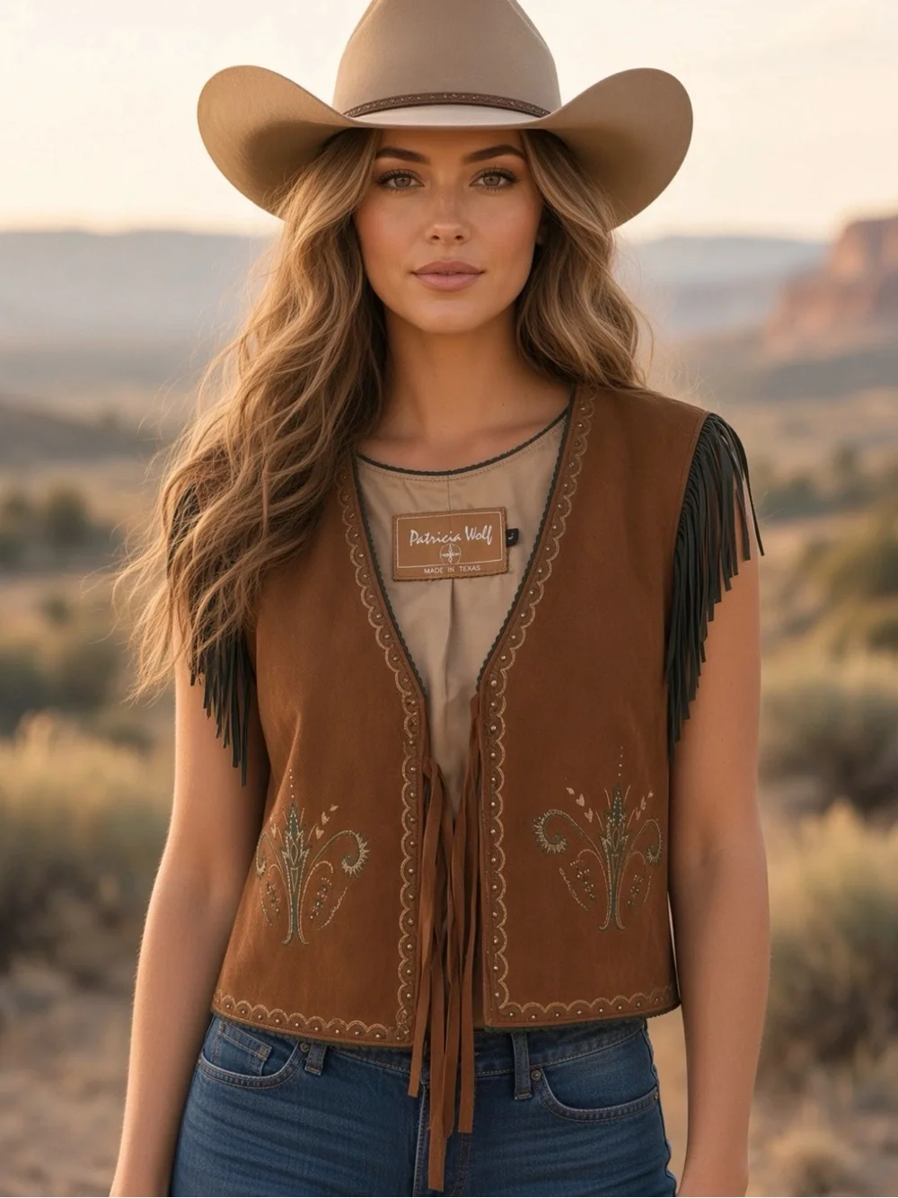 Patricia Wolf hand painted brown leather vest with black fringe RTL $395 L EUC
